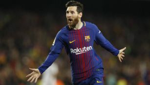 Messi celebra una anotación con el Barcelona 