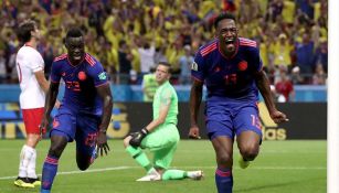 Yerry Mina celebra su anotación ante Polonia en Rusia 2018