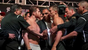 Canelo y Golovkin durante el 'Face to Face' previo a su pelea