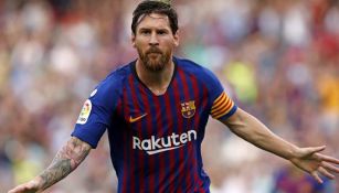Messi celebra una anotación con el Barcelona en Liga