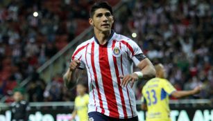 Alan Pulido festeja un gol con las Chivas