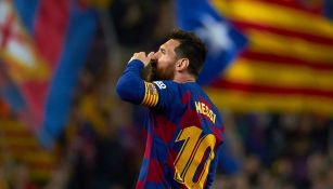 Leo Messi celebra su gol con Barcelona