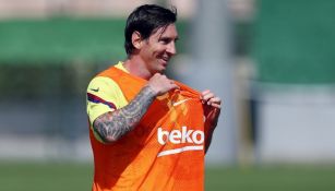 Lionel Messi durante un entrenamiento con Barcelona