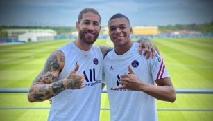 Sergio Ramos y Kylian Mbappé durante entrenamiento con el PSG