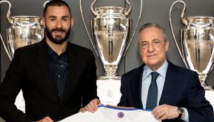 Karim Benzema y Florentino Pérez durante la renovación 