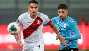 Paolo Guerrero y Fede Valverde pelean un esférico 