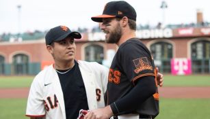 Eduardo 'Chifis' López y Luis González previo al Giants vs Cardinals