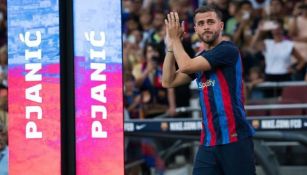 Miralem Pjanic en la presentación del plantel del Barcelona