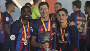 Gavi celebra la Supercopa con Lewandowski y Dembélé