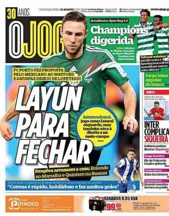 Portada de Ojogo apunta que Layún fichará con Porto
