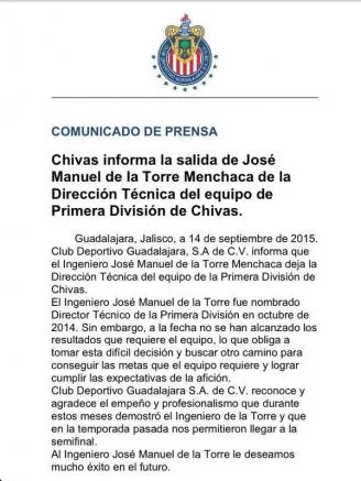 El comunicado sobre la salida del Chepo de la Torre