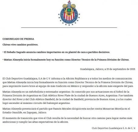 CHIVAS Comunicado oficial del Club Deportivo Guadalajara