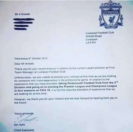 ESPECIAL La carta que recibió Adam Kneale por parte del Liverpool