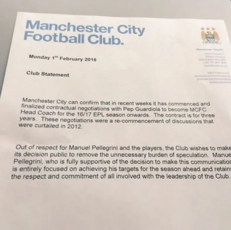 ESPECIAL Comunicado del Manchester City en relación a Guardiola