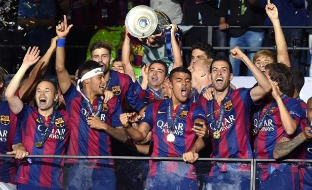 Los futbolistas del Barcelona tras ganar la Champions League 2014-2015
