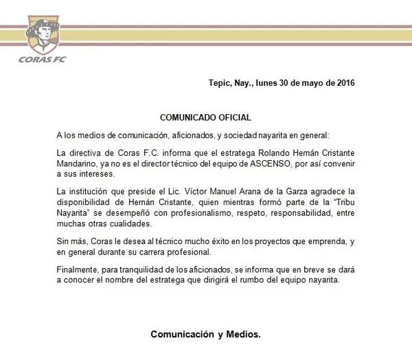 Comunicado anuncia salida de Cristante en Coras
