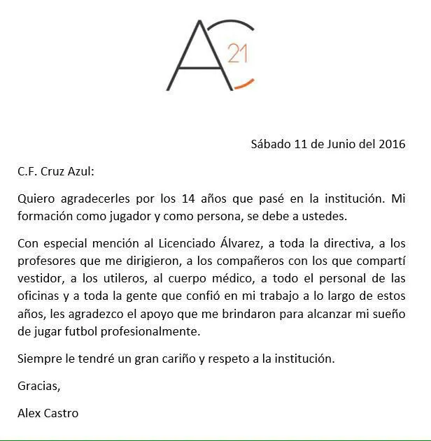 Carta que dedicó Alejandro Castro a Cruz Azul
