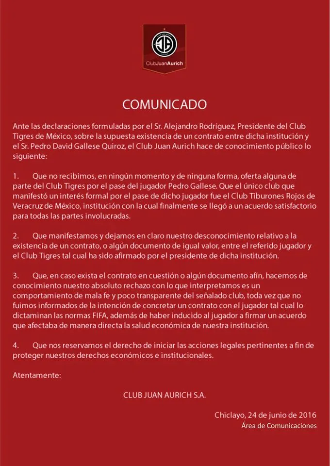 FACEBOOK JUAN AURICH Comunicado del Juan Aurich sobre el caso Gallese
