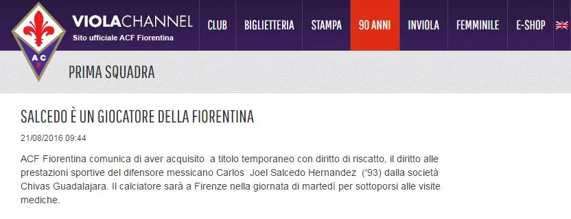 FIORENTINA Comunicado sobre el fichaje del Titán Salcedo