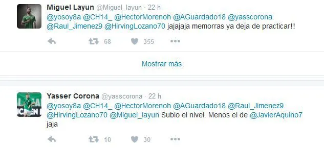 Tweets de Miguel Layún y Yasser Corona contestándole a Ochoa