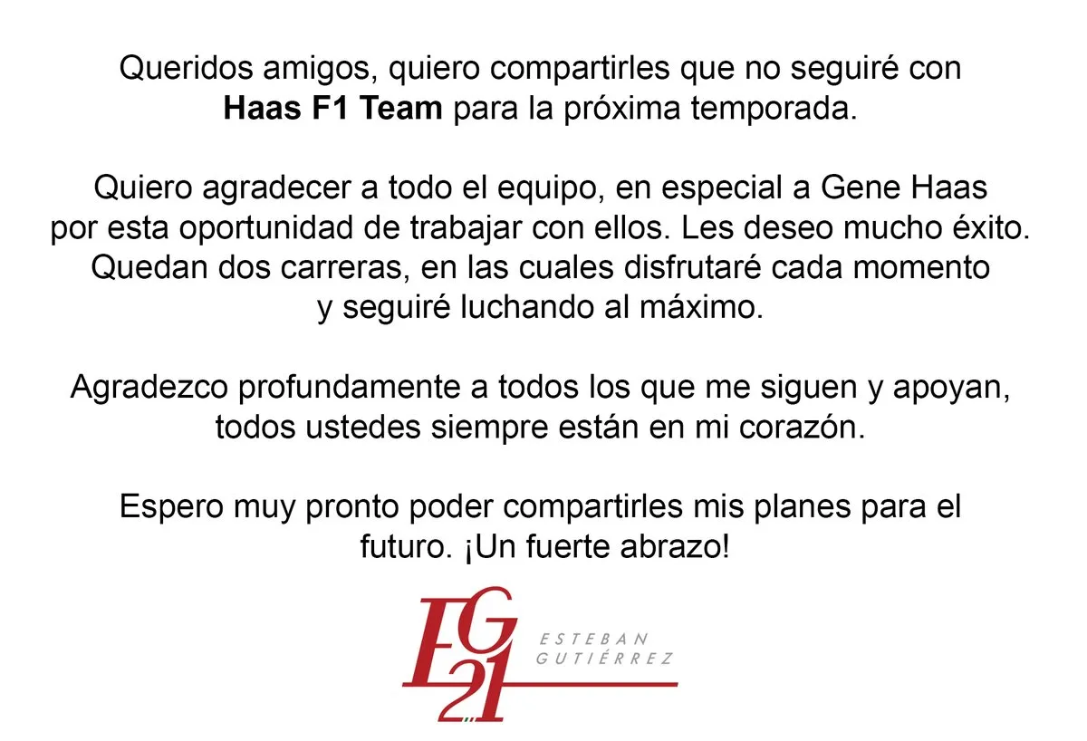 Mediante comunicado, Esteban Gutiérrez anuncia salida de Haas