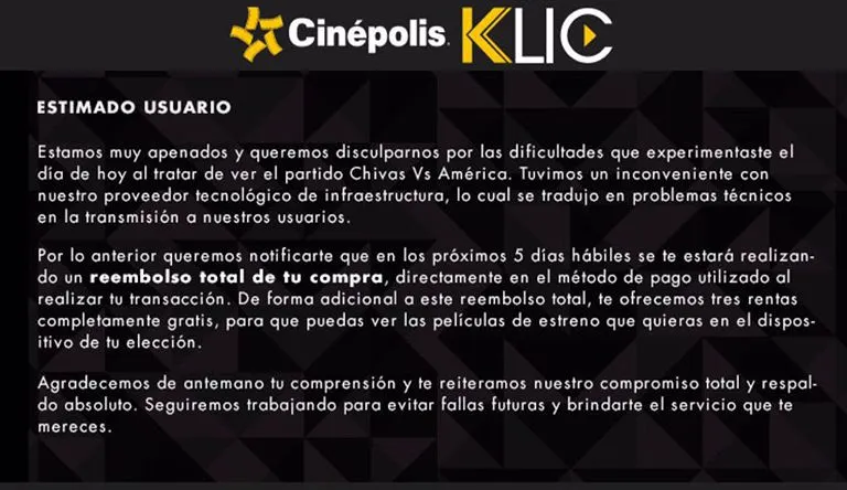 Comunicado de Cinépolis Klic
