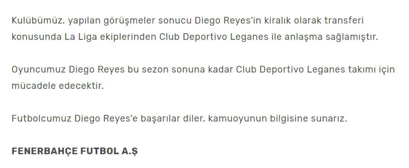 FACEBOOK @Fenerbahce Así el comunicado del Fenerbahce respecto a Reyes