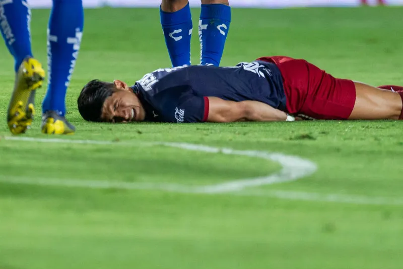 Alan Pulido en el césped durante el partido