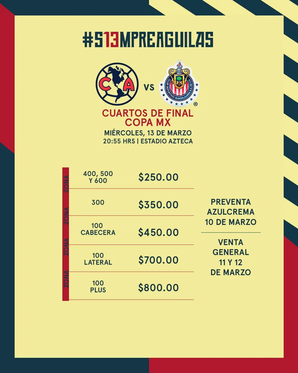TWITTER @ClubAmerica Precios de los boletos para el Clásico de Copa