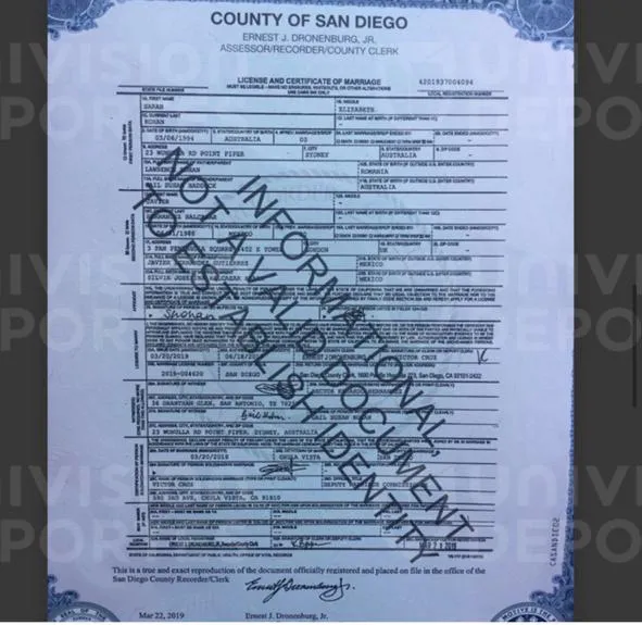 Acta de matrimonio de Javier Hernández y Sarah Kohan