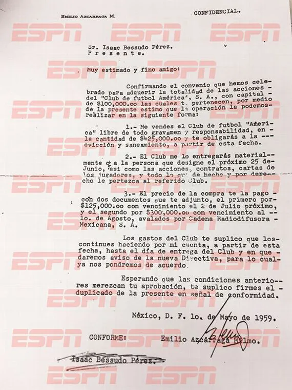 Documento de compra del América, en poder de la cadena ESPN