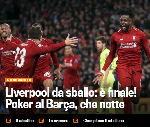 GAZZETTA DELLO SPORT Destacan los cuatro goles y la mágica noche en Anfield