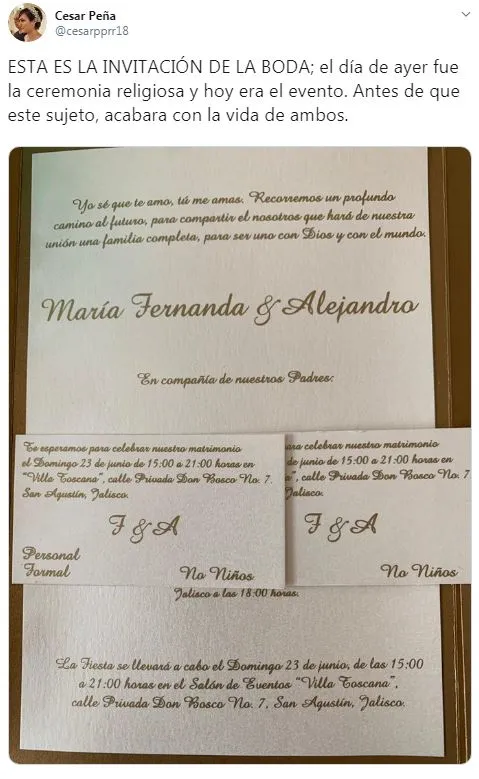 Invitación de la boda de las victimas de accidente en Zapopan