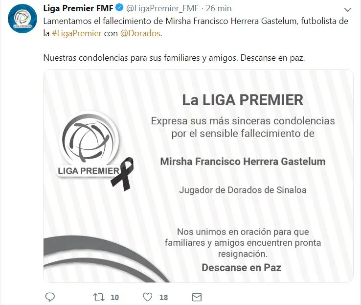 Mensaje de la Liga Premier tras fallecimiento de Mirsha Francisco