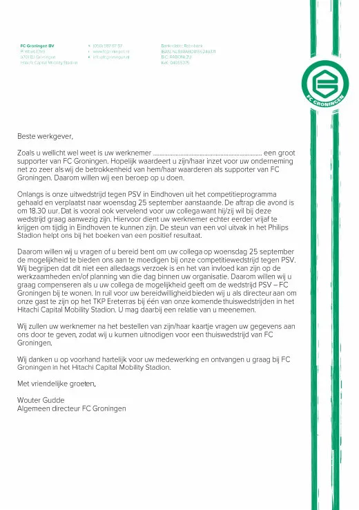 Carta del Groningen para sus aficionados