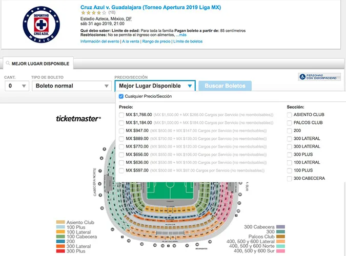 Precios para el partido Cruz Azul vs Chivas