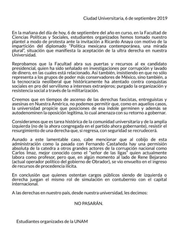 Comunicado de los supuestos estudiantes de la FCPyS