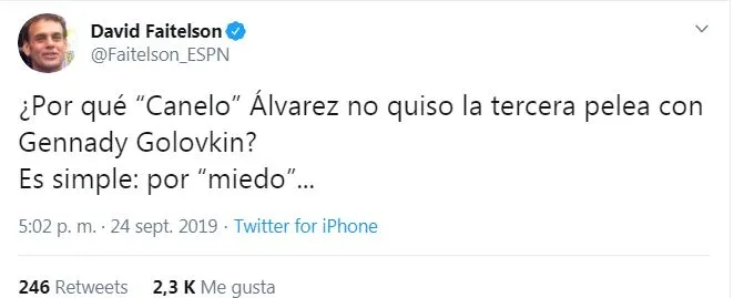 TWITTER @FAITELSON_ESPN Tuit que publicó David Faitelson