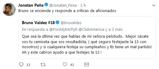 Tuit en el que contestó a un aficionado Bruno Valdez