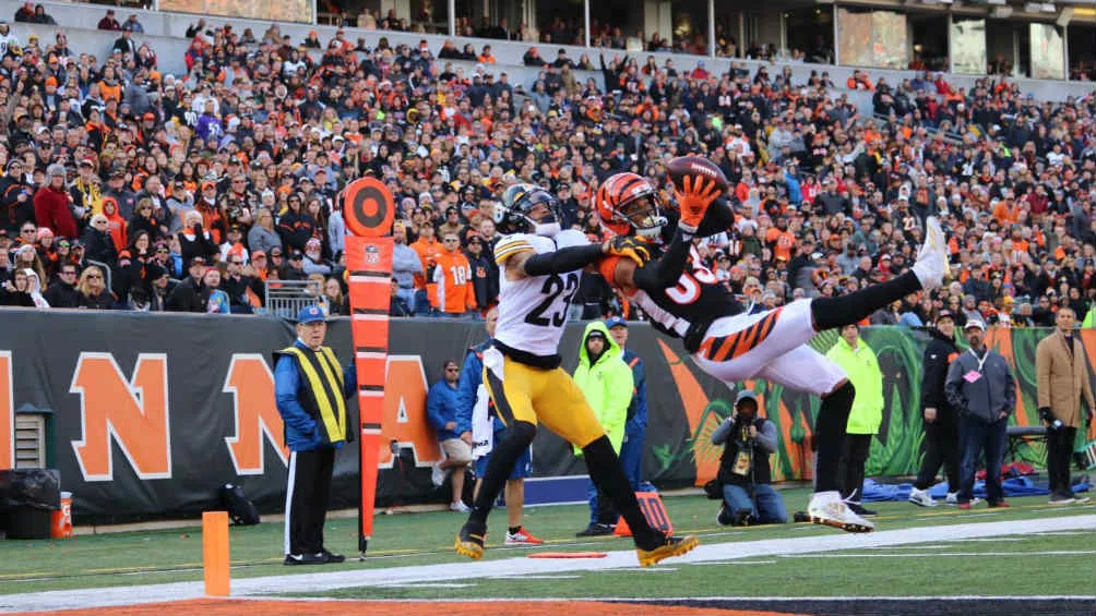 Andrew Brown recibe un pase mientras Joe Haden lo marca