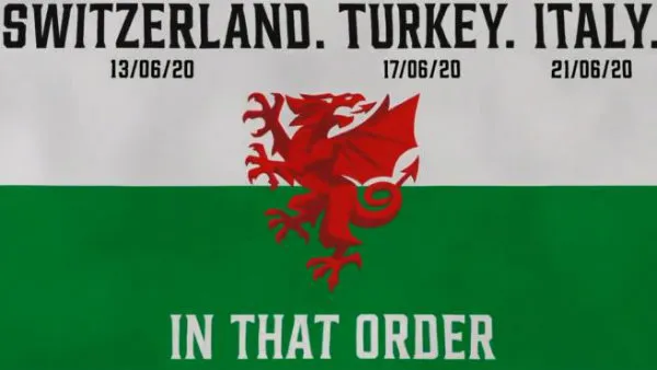 TWITTER @CYMRU Bandera de Gales con la leyenda "Suiza. Turquía. Italia. En este orden"