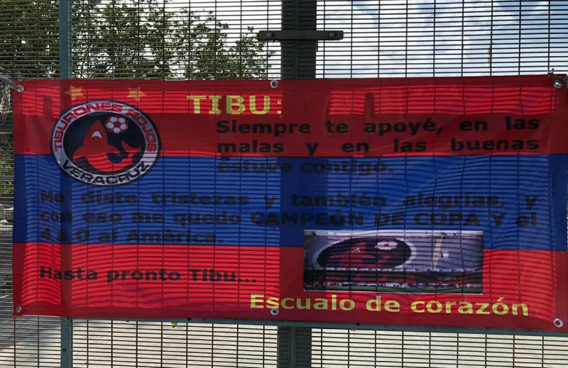TWITTER: @PRESSPORTMX Pancarta de aficionado de los tiburones