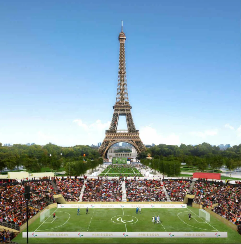 Modelo que como sería una cancha de Handball con la torre Eiffel de fondo