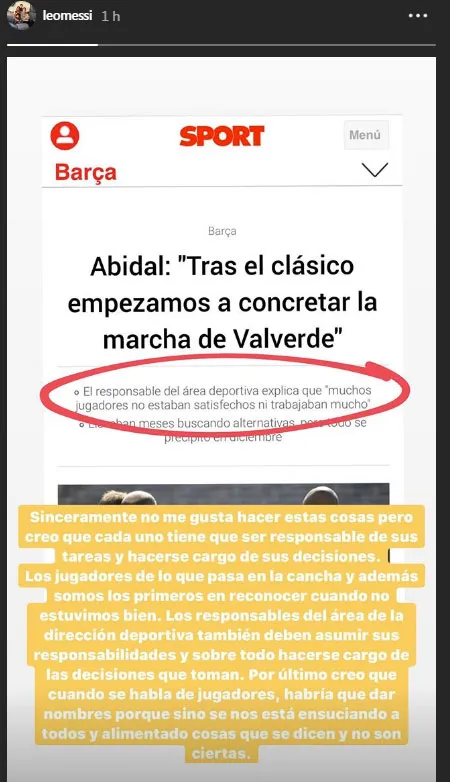 Publicación de Leo Messi a las palabras de Abidal