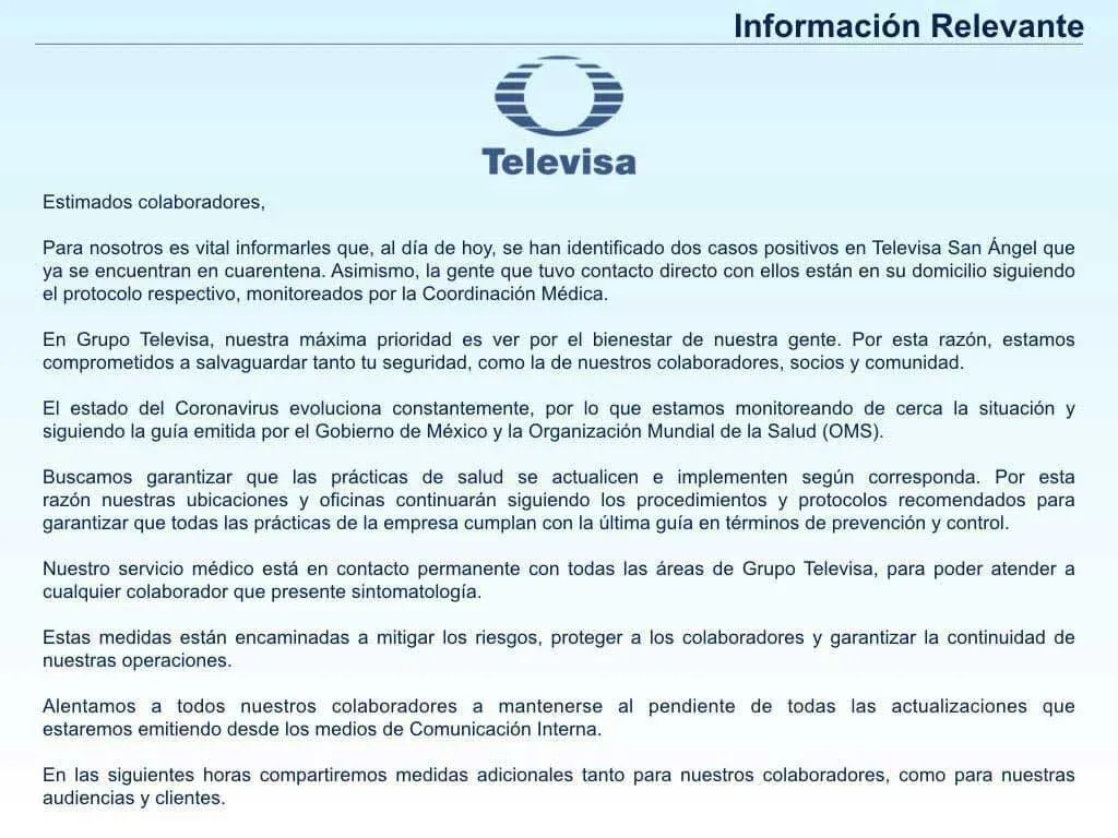 El comunicado de la televisora