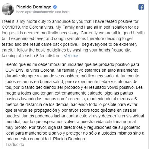 Plácido Domingo comparte un mensaje en Facebook