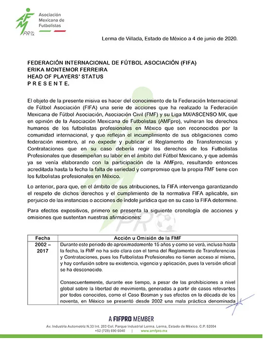 La carta que envió la AMFPro