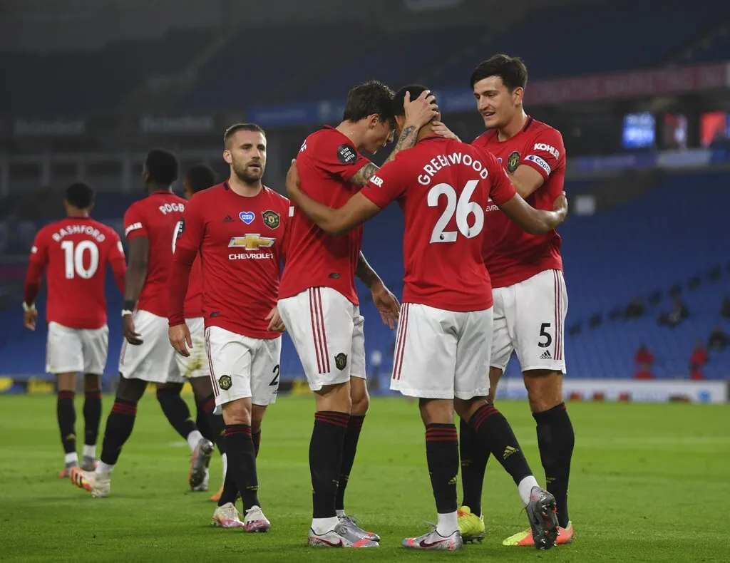 AP Jugadores del United celebran gol de Mason Greenwood