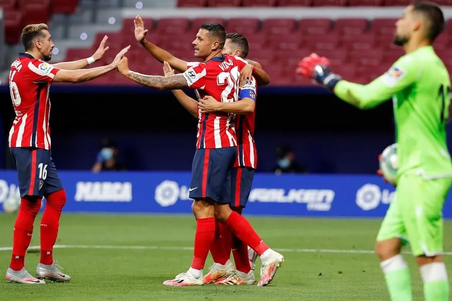 Los Colchoneros celebrando el gol de Koke