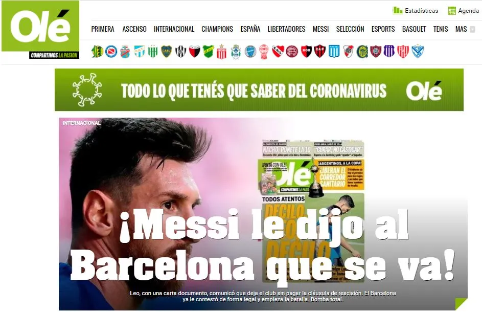 Portada en el portal de Diario Olé